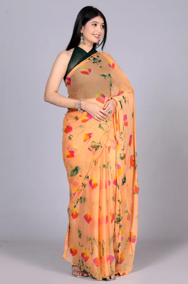 Peach_Bandhani_Printed_Chiffon_Printed_Sarees_For_Women