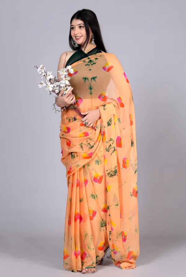 Peach_Bandhani_Printed_Chiffon_Printed_Sarees_For_Women
