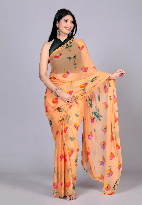 Peach_Bandhani_Printed_Chiffon_Printed_Sarees_For_Women