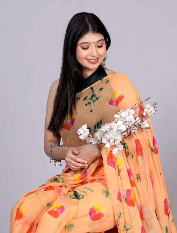 Peach_Bandhani_Printed_Chiffon_Printed_Sarees_For_Women