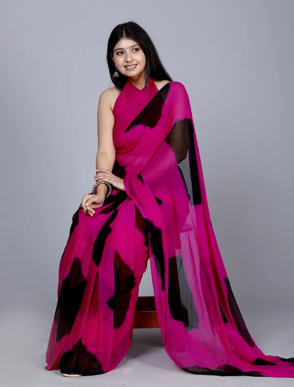 Black_Pure_Chiffon_Printed_Checked_Printed_Sarees_For_Women