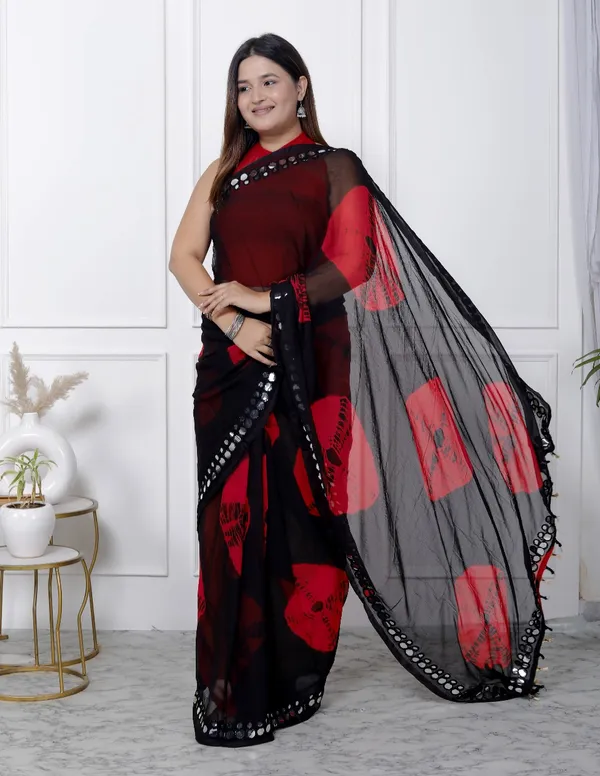 Black_Pure_Chiffon_Mirror_Work_Bandhani_Printed_Sarees_For_Women