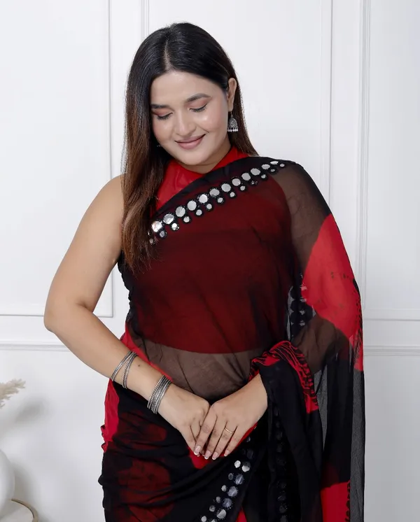 Black_Pure_Chiffon_Mirror_Work_Bandhani_Printed_Sarees_For_Women