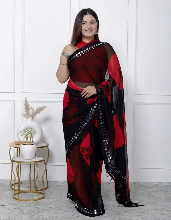Black_Pure_Chiffon_Mirror_Work_Bandhani_Printed_Sarees_For_Women