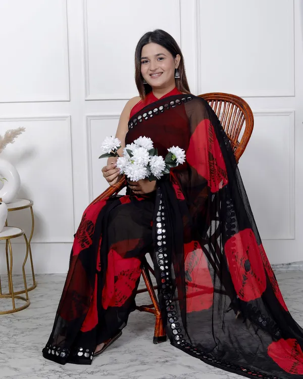Black_Pure_Chiffon_Mirror_Work_Bandhani_Printed_Sarees_For_Women