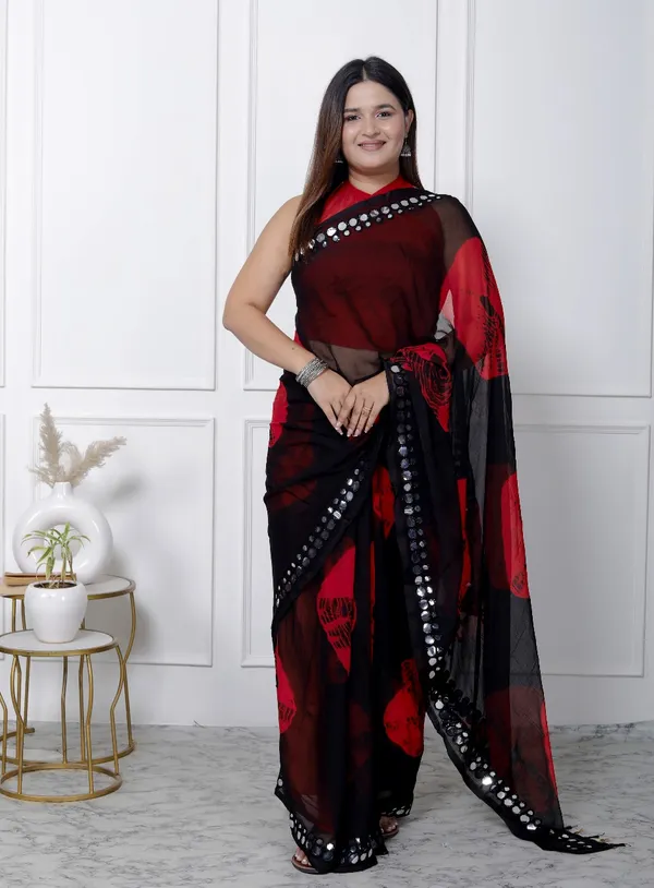 Black_Pure_Chiffon_Mirror_Work_Bandhani_Printed_Sarees_For_Women