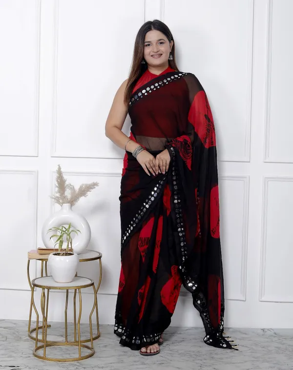 Black_Pure_Chiffon_Mirror_Work_Bandhani_Printed_Sarees_For_Women