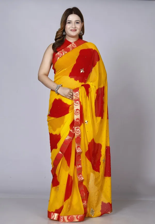 Yellow_Chiffon_Sarees_For_Women_Fancy_Party_Wear_Sarees,_Wedding_Sarees,_Farewell_Sarees,_Printed_Sarees,_Designer_Sarees,_Bollywood_Sarees,_Latest_Sarees_Trendy_Sarees_Bandhini_Saree,_Sarees_For_Farewell_Party,_Latest_Saree_Design,Red_Saree