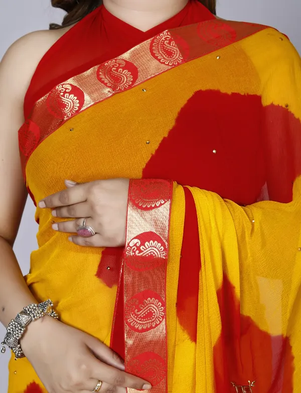 Yellow_Chiffon_Sarees_For_Women_Fancy_Party_Wear_Sarees,_Wedding_Sarees,_Farewell_Sarees,_Printed_Sarees,_Designer_Sarees,_Bollywood_Sarees,_Latest_Sarees_Trendy_Sarees_Bandhini_Saree,_Sarees_For_Farewell_Party,_Latest_Saree_Design,Red_Saree
