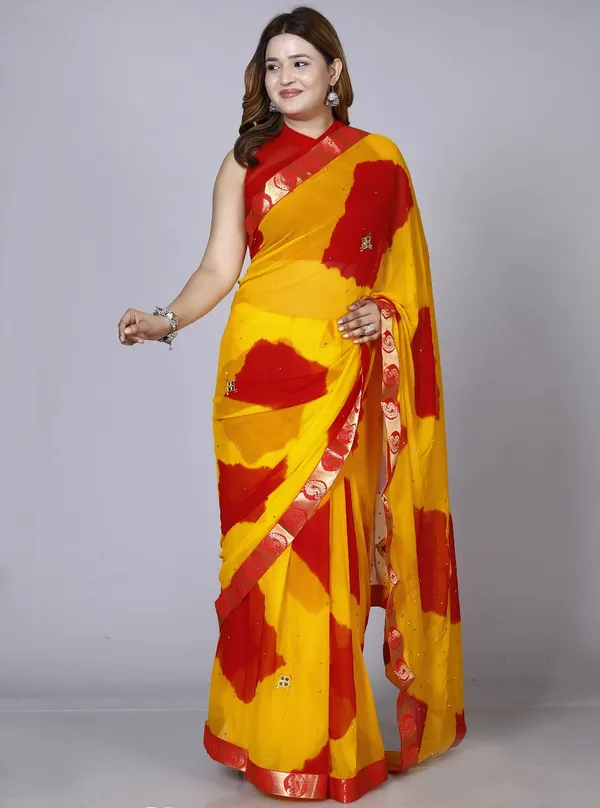 Yellow_Chiffon_Sarees_For_Women_Fancy_Party_Wear_Sarees,_Wedding_Sarees,_Farewell_Sarees,_Printed_Sarees,_Designer_Sarees,_Bollywood_Sarees,_Latest_Sarees_Trendy_Sarees_Bandhini_Saree,_Sarees_For_Farewell_Party,_Latest_Saree_Design,Red_Saree