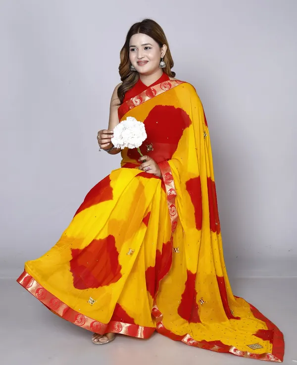 Yellow_Chiffon_Sarees_For_Women_Fancy_Party_Wear_Sarees,_Wedding_Sarees,_Farewell_Sarees,_Printed_Sarees,_Designer_Sarees,_Bollywood_Sarees,_Latest_Sarees_Trendy_Sarees_Bandhini_Saree,_Sarees_For_Farewell_Party,_Latest_Saree_Design,Red_Saree