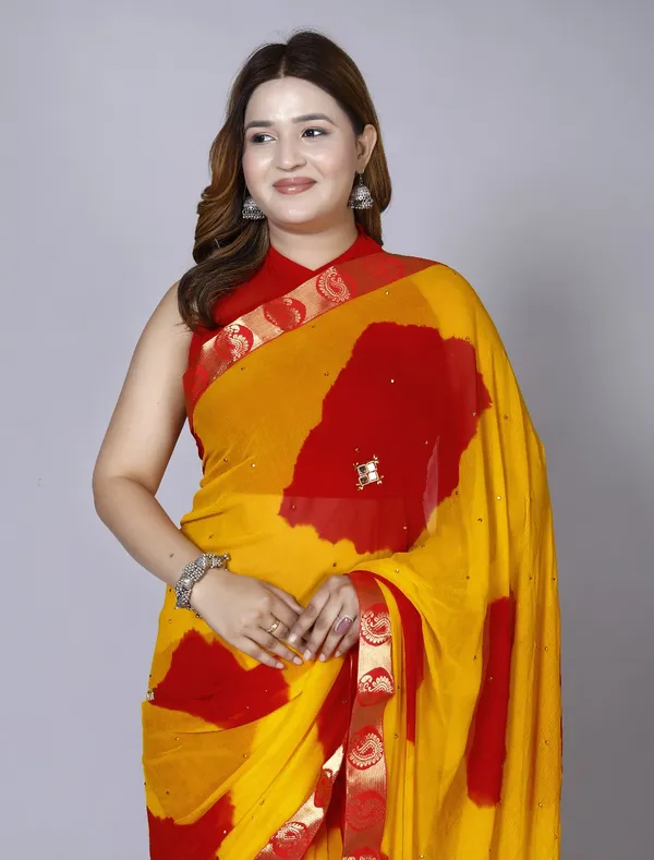 Yellow_Chiffon_Sarees_For_Women_Fancy_Party_Wear_Sarees,_Wedding_Sarees,_Farewell_Sarees,_Printed_Sarees,_Designer_Sarees,_Bollywood_Sarees,_Latest_Sarees_Trendy_Sarees_Bandhini_Saree,_Sarees_For_Farewell_Party,_Latest_Saree_Design,Red_Saree