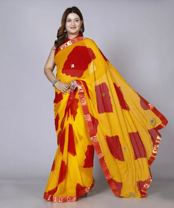 Yellow_Chiffon_Sarees_For_Women_Fancy_Party_Wear_Sarees,_Wedding_Sarees,_Farewell_Sarees,_Printed_Sarees,_Designer_Sarees,_Bollywood_Sarees,_Latest_Sarees_Trendy_Sarees_Bandhini_Saree,_Sarees_For_Farewell_Party,_Latest_Saree_Design,Red_Saree