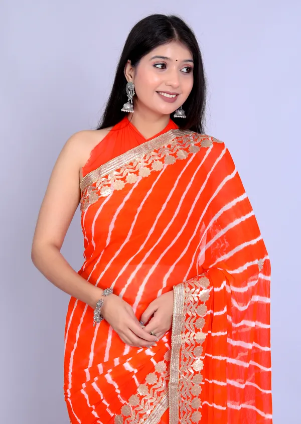 Orange_Pure_Chiffon_Gotta_Patti_Work_Leheriya_Designer_Printed_Sarees_For_Women