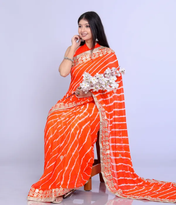 Orange_Pure_Chiffon_Gotta_Patti_Work_Leheriya_Designer_Printed_Sarees_For_Women