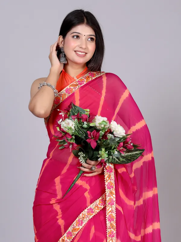 Pink_Pure_Chiffon_Leheriya_Embroidered_Border_Sarees_For_Women