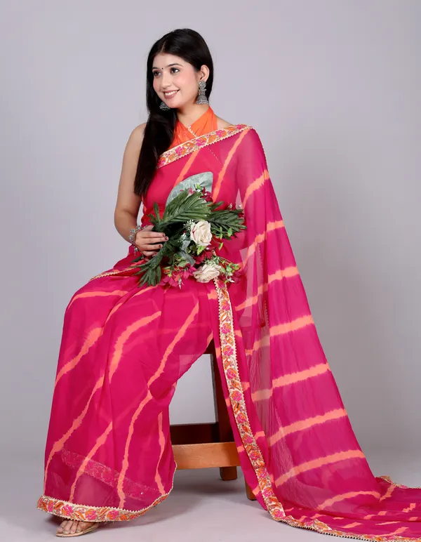 Pink_Pure_Chiffon_Leheriya_Embroidered_Border_Sarees_For_Women