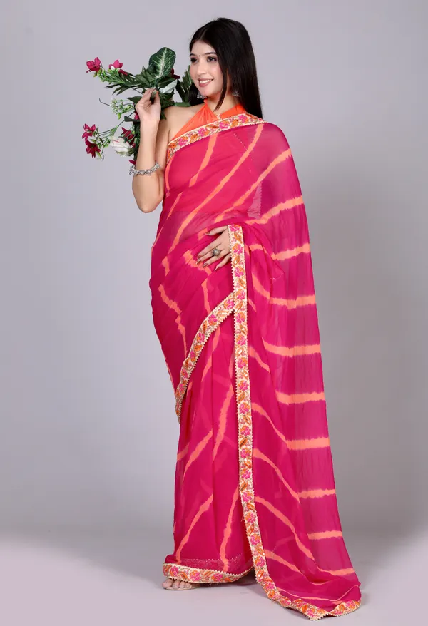 Pink_Pure_Chiffon_Leheriya_Embroidered_Border_Sarees_For_Women