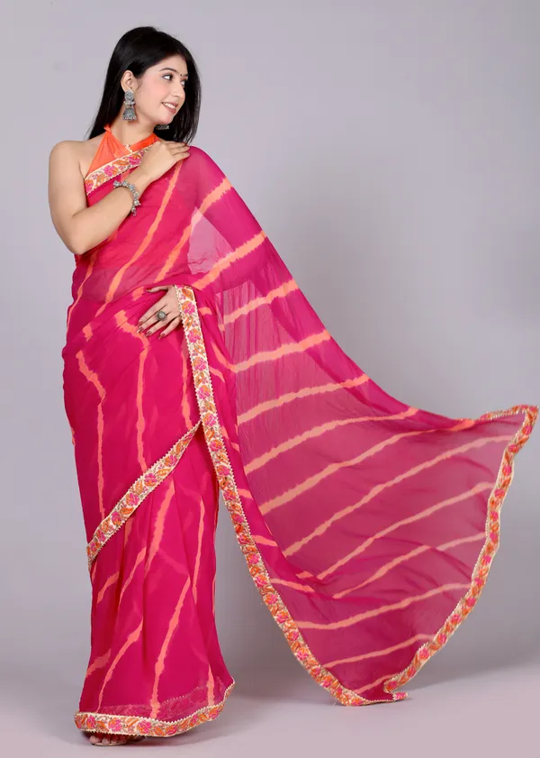 Pink_Pure_Chiffon_Leheriya_Embroidered_Border_Sarees_For_Women
