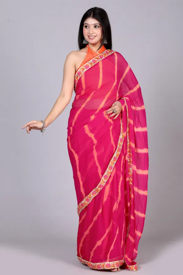 Pink_Pure_Chiffon_Leheriya_Embroidered_Border_Sarees_For_Women