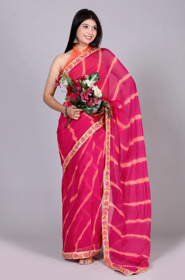 Pink_Pure_Chiffon_Leheriya_Embroidered_Border_Sarees_For_Women