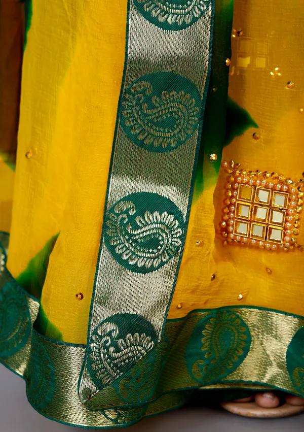 Yellow_Chiffon_Sarees_For_Women_Fancy_Party_Wear_Sarees,_Wedding_Sarees,_Farewell_Sarees,_Printed_Sarees,_Designer_Sarees,_Bollywood_Sarees,_Latest_Sarees_Trendy_Sarees_Bandhini_Saree,_Sarees_For_Farewell_Party,_Latest_Saree_Design,Green_Saree
