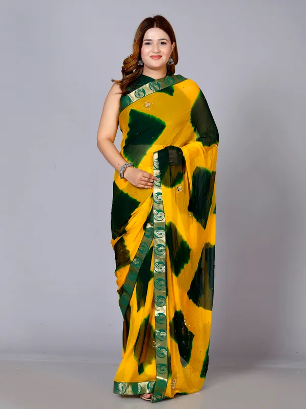 Yellow_Chiffon_Sarees_For_Women_Fancy_Party_Wear_Sarees,_Wedding_Sarees,_Farewell_Sarees,_Printed_Sarees,_Designer_Sarees,_Bollywood_Sarees,_Latest_Sarees_Trendy_Sarees_Bandhini_Saree,_Sarees_For_Farewell_Party,_Latest_Saree_Design,Green_Saree