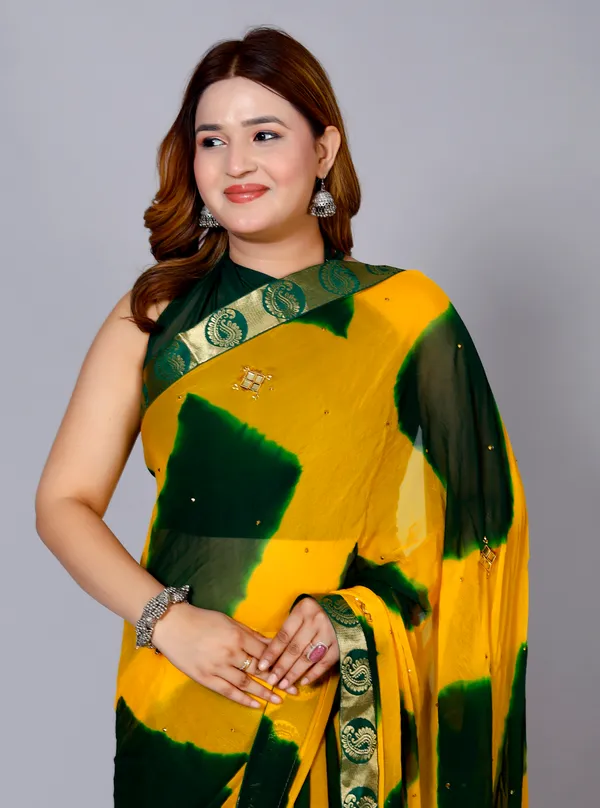 Yellow_Chiffon_Sarees_For_Women_Fancy_Party_Wear_Sarees,_Wedding_Sarees,_Farewell_Sarees,_Printed_Sarees,_Designer_Sarees,_Bollywood_Sarees,_Latest_Sarees_Trendy_Sarees_Bandhini_Saree,_Sarees_For_Farewell_Party,_Latest_Saree_Design,Green_Saree