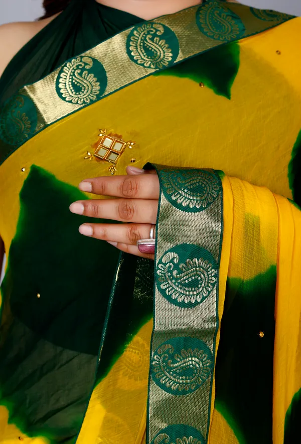 Yellow_Chiffon_Sarees_For_Women_Fancy_Party_Wear_Sarees,_Wedding_Sarees,_Farewell_Sarees,_Printed_Sarees,_Designer_Sarees,_Bollywood_Sarees,_Latest_Sarees_Trendy_Sarees_Bandhini_Saree,_Sarees_For_Farewell_Party,_Latest_Saree_Design,Green_Saree