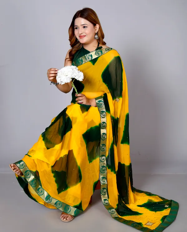 Yellow_Chiffon_Sarees_For_Women_Fancy_Party_Wear_Sarees,_Wedding_Sarees,_Farewell_Sarees,_Printed_Sarees,_Designer_Sarees,_Bollywood_Sarees,_Latest_Sarees_Trendy_Sarees_Bandhini_Saree,_Sarees_For_Farewell_Party,_Latest_Saree_Design,Green_Saree