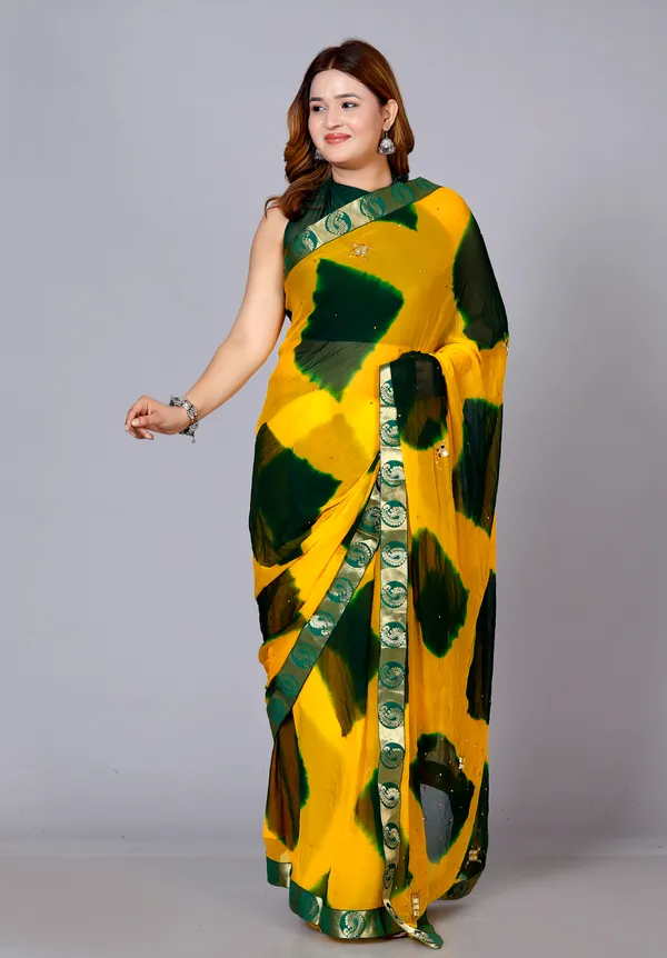 Yellow_Chiffon_Sarees_For_Women_Fancy_Party_Wear_Sarees,_Wedding_Sarees,_Farewell_Sarees,_Printed_Sarees,_Designer_Sarees,_Bollywood_Sarees,_Latest_Sarees_Trendy_Sarees_Bandhini_Saree,_Sarees_For_Farewell_Party,_Latest_Saree_Design,Green_Saree