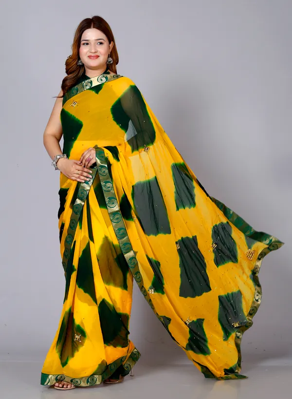 Yellow_Chiffon_Sarees_For_Women_Fancy_Party_Wear_Sarees,_Wedding_Sarees,_Farewell_Sarees,_Printed_Sarees,_Designer_Sarees,_Bollywood_Sarees,_Latest_Sarees_Trendy_Sarees_Bandhini_Saree,_Sarees_For_Farewell_Party,_Latest_Saree_Design,Green_Saree