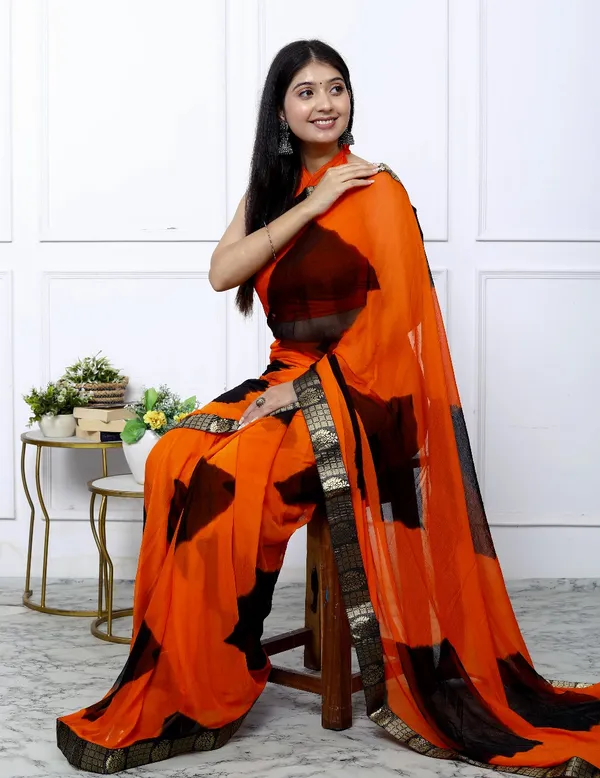 Orange_Pure_Chiffon_Trendy_Checked_Border_Lace_Chiffon_Sarees_For_Women