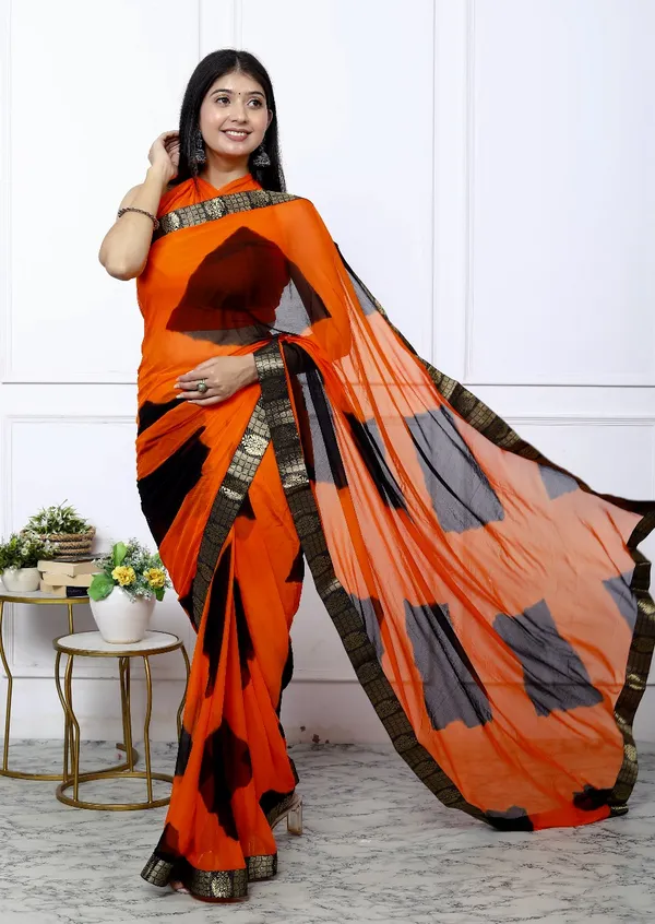 Orange_Pure_Chiffon_Trendy_Checked_Border_Lace_Chiffon_Sarees_For_Women