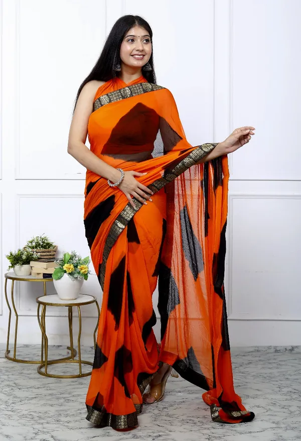 Orange_Pure_Chiffon_Trendy_Checked_Border_Lace_Chiffon_Sarees_For_Women