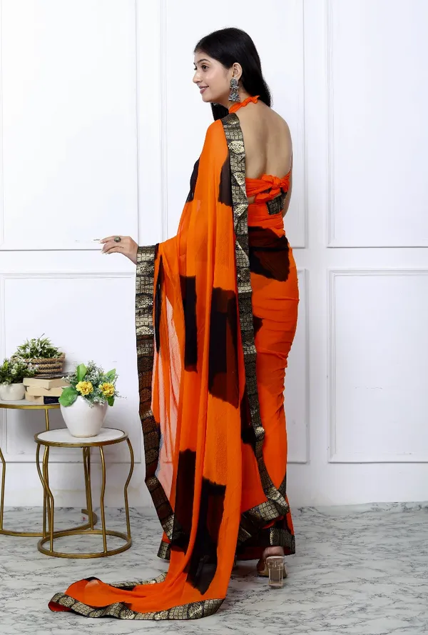 Orange_Pure_Chiffon_Trendy_Checked_Border_Lace_Chiffon_Sarees_For_Women