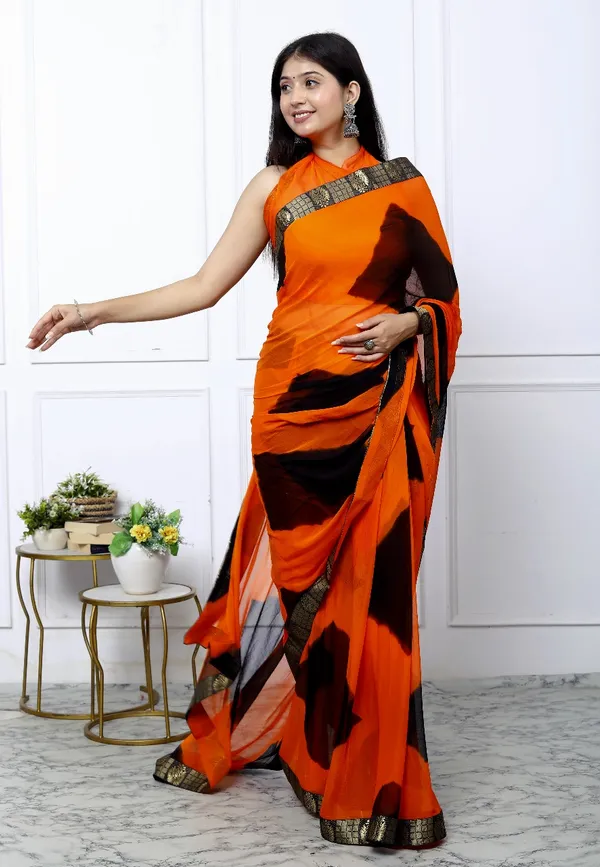 Orange_Pure_Chiffon_Trendy_Checked_Border_Lace_Chiffon_Sarees_For_Women