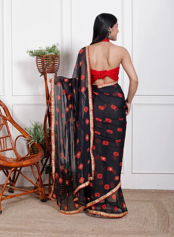 Black_Pure_Chiffon_Bandhani_Bandej_Stone_Work_Sarees_For_Women