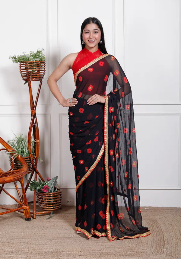 Black_Pure_Chiffon_Bandhani_Bandej_Stone_Work_Sarees_For_Women