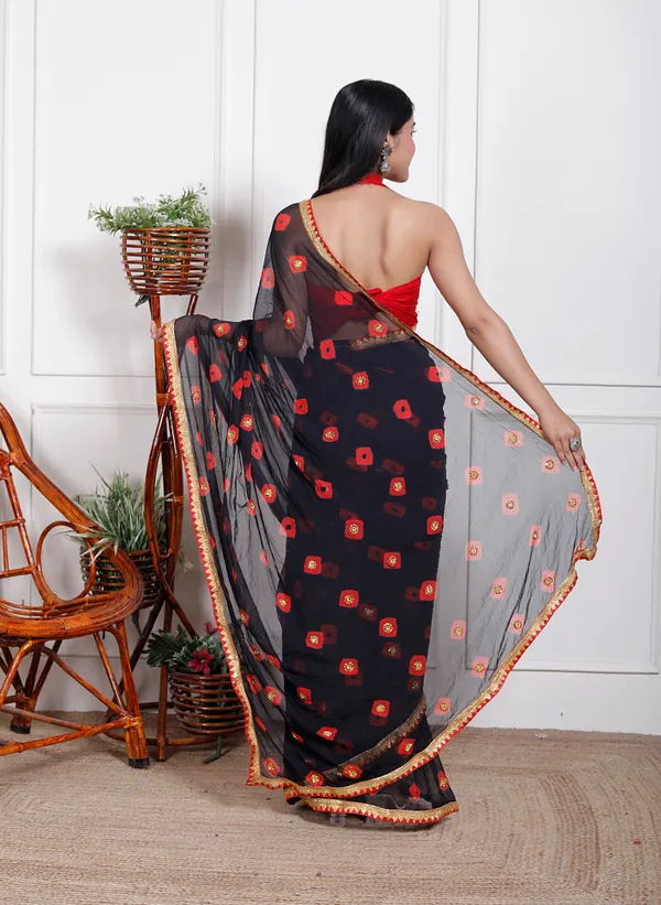 Black_Pure_Chiffon_Bandhani_Bandej_Stone_Work_Sarees_For_Women