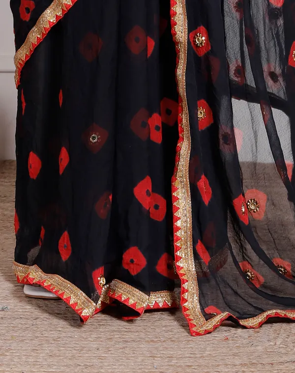 Black_Pure_Chiffon_Bandhani_Bandej_Stone_Work_Sarees_For_Women