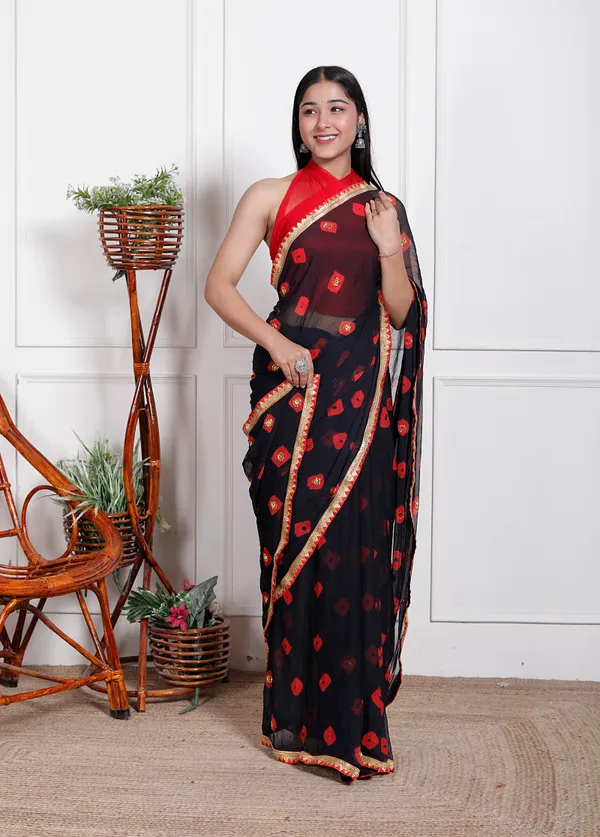 Black_Pure_Chiffon_Bandhani_Bandej_Stone_Work_Sarees_For_Women