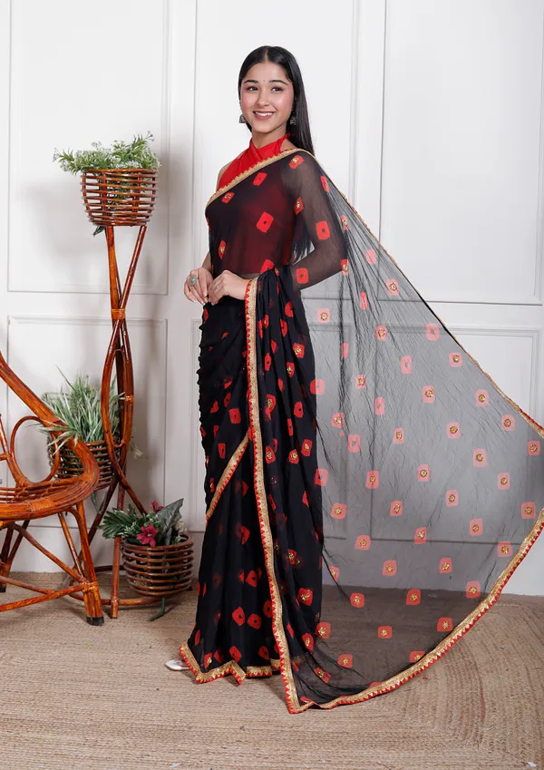 Black_Pure_Chiffon_Bandhani_Bandej_Stone_Work_Sarees_For_Women