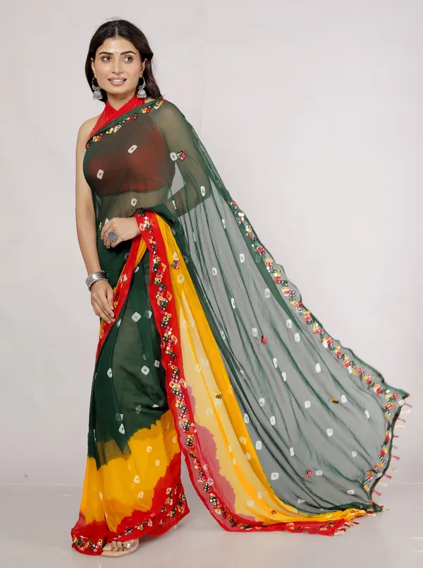 Green_Chiffon_Saree_Mirror_Work_Printed_Sarees_For_Women