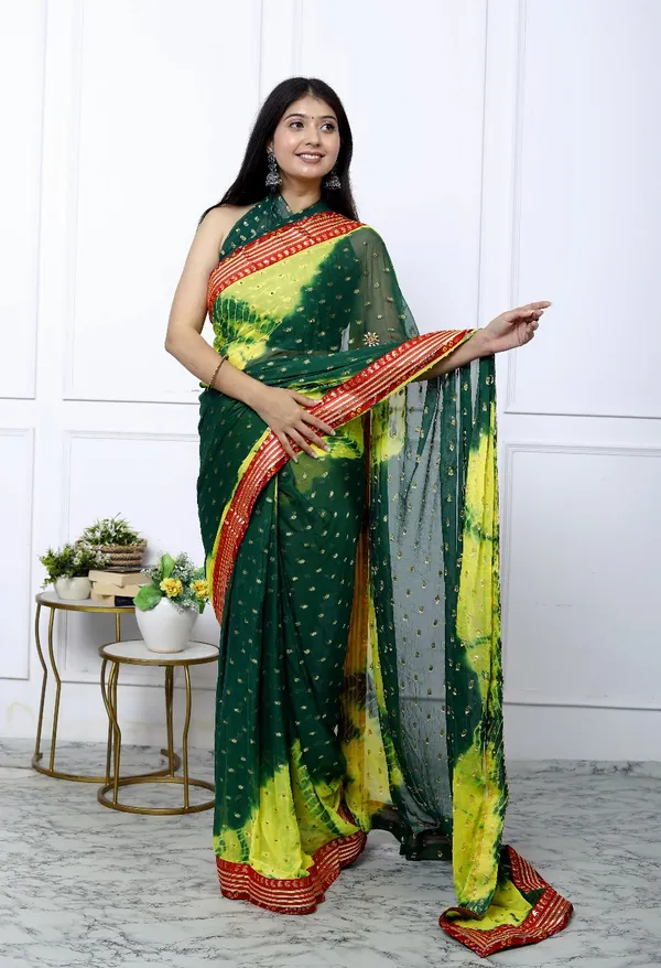 Green_Pure_Chiffon_Trendy_Bandhani_Stone_Work_Gotta_Lace_Chiffon_Sarees_For_Women