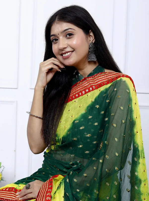 Green_Pure_Chiffon_Trendy_Bandhani_Stone_Work_Gotta_Lace_Chiffon_Sarees_For_Women