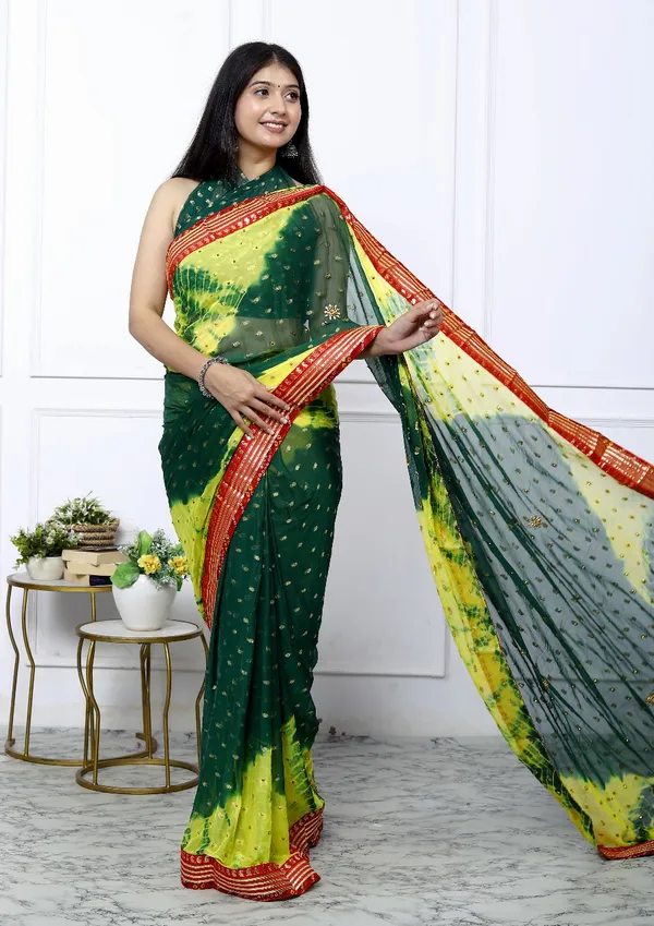 Green_Pure_Chiffon_Trendy_Bandhani_Stone_Work_Gotta_Lace_Chiffon_Sarees_For_Women