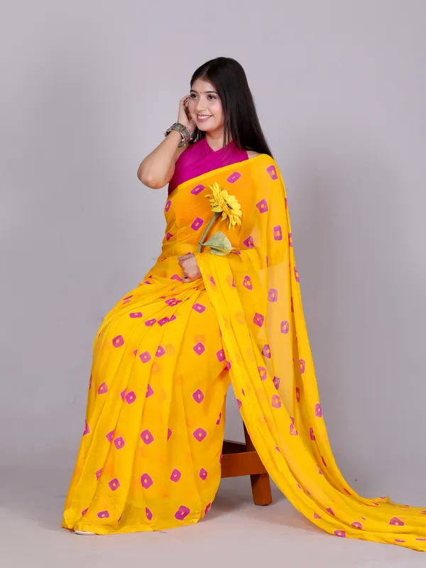 Yellow_Bandhani_Printed_Chiffon_Printed_Sarees_For_Women