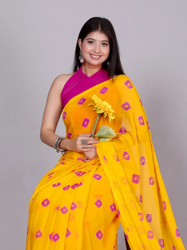 Yellow_Bandhani_Printed_Chiffon_Printed_Sarees_For_Women