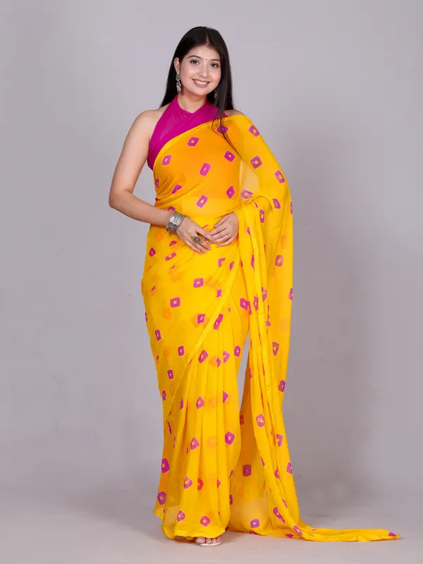 Yellow_Bandhani_Printed_Chiffon_Printed_Sarees_For_Women